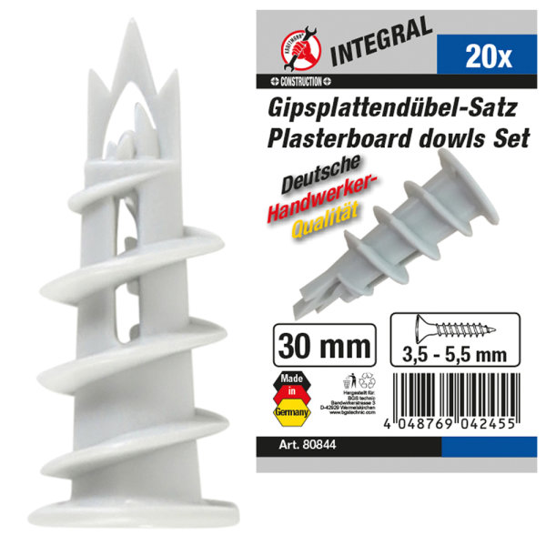 Gipsplattendübel- Sortiment Gipskarton- Dübel 30mm mit Bohrspitze 20 Stück