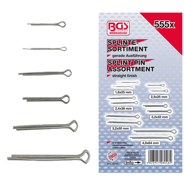 Splinte Sortiment &Oslash; 1,6 - 4,0 mm Sicherungssplinte 555 teiliges Set